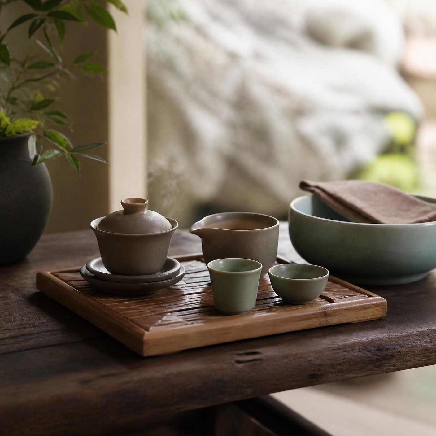 Service gong fu cha avec gaiwan, pichet et coupes en céladon sur plateau de bambou, sélectionné par la maison HOLLIN à Sartrouville