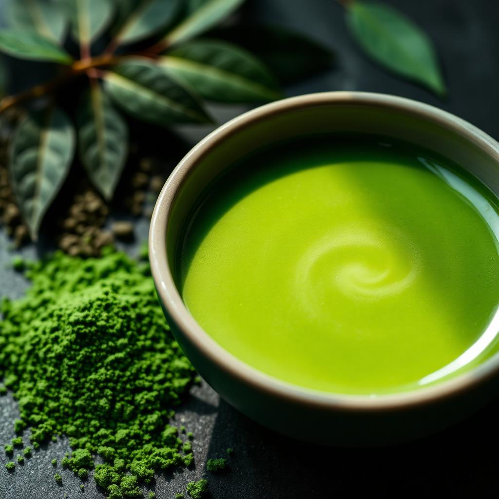 Schale mit leuchtendem Matcha und L-Theanin-reichem Grünteepulver, ausgewählt vom Haus HOLLIN in Sartrouville