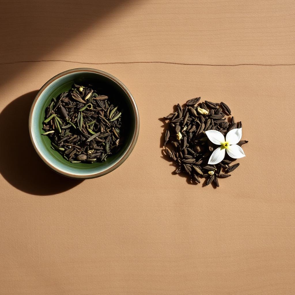 Naturbelassene Teeblätter und Jasminblüten im Vergleich, präsentiert vom Haus HOLLIN in Sartrouville