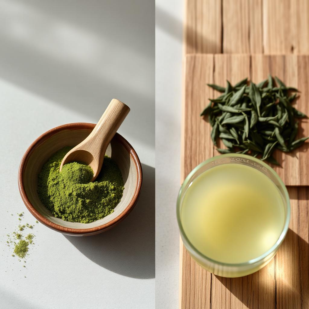 Matcha-Pulver und grüner Blatttee im Vergleich, präsentiert vom Haus HOLLIN in Sartrouville