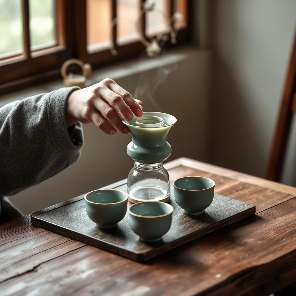 Geste des Cha Dao rund um einen Gaiwan und Seladontassen, praktiziert vom Haus HOLLIN in Sartrouville