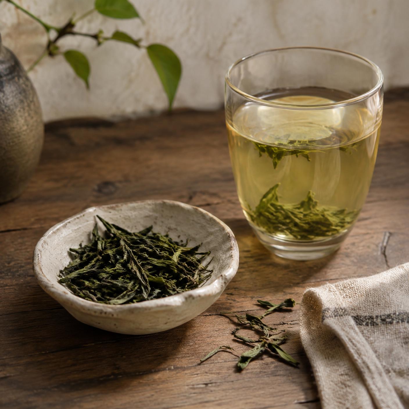 Feuilles de thé vert et liqueur claire dans un verre sélectionné par la maison HOLLIN à Sartrouville