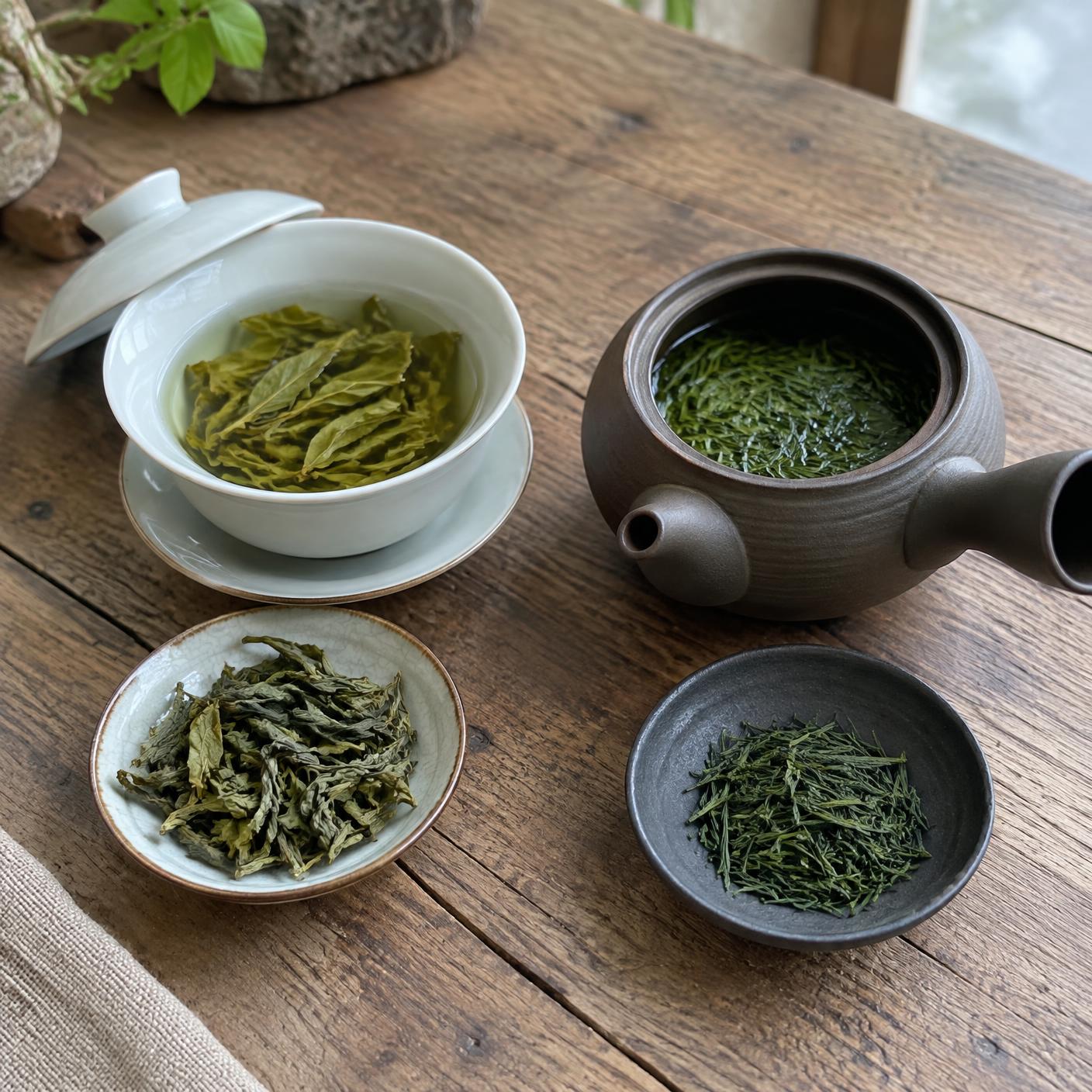 Gaiwan chinois et théière kyusu japonaise côte à côte avec leurs feuilles sélectionné par la maison HOLLIN à Sartrouville