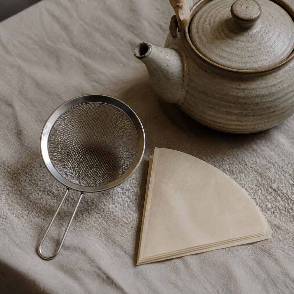 Teefilter und feuchte Blätter auf einer Untertasse aus Ton, ausgewählt vom Haus HOLLIN in Sartrouville
