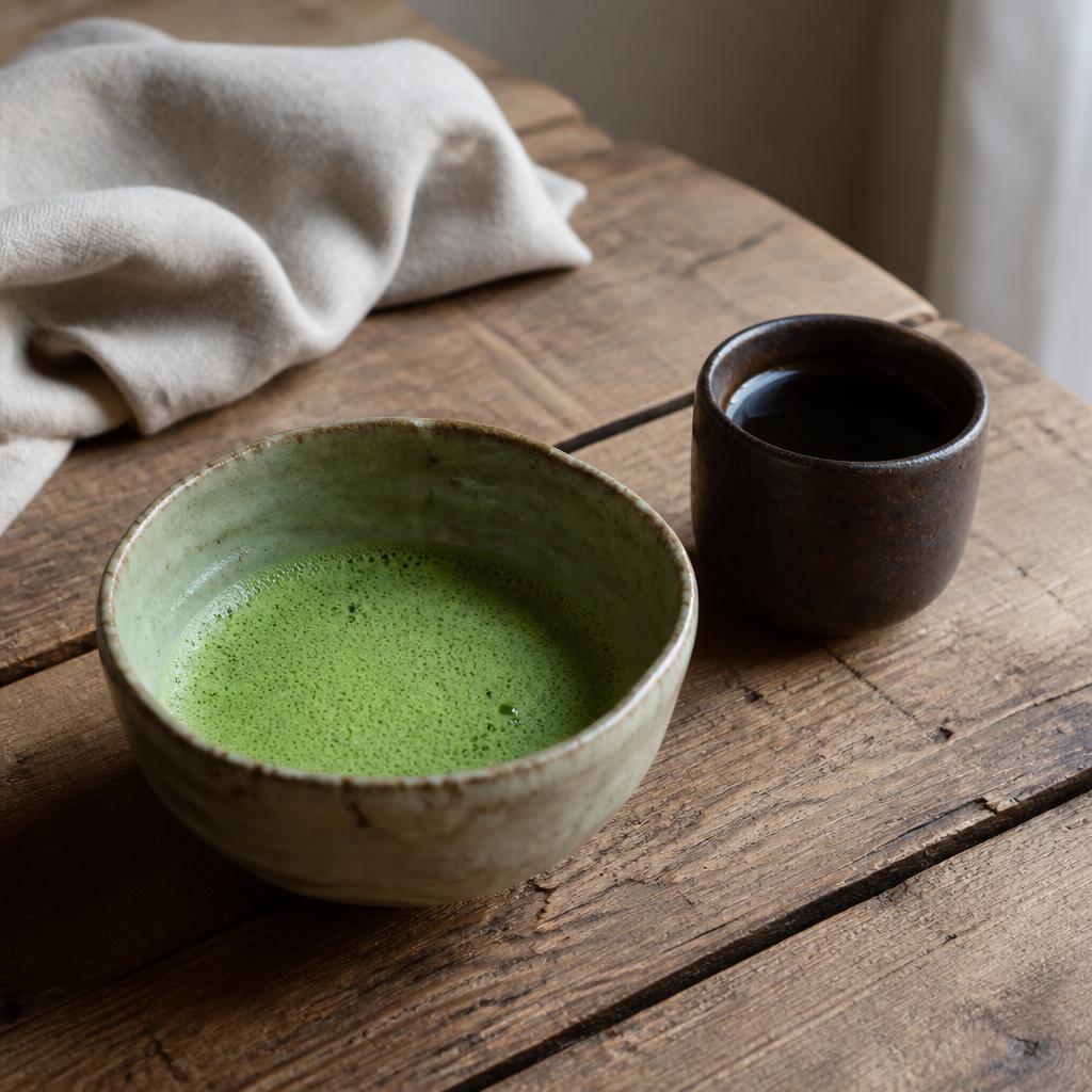 Matcha-Schale und Kaffeetasse auf einem Holztablett, ausgewählt vom Haus HOLLIN in Sartrouville
