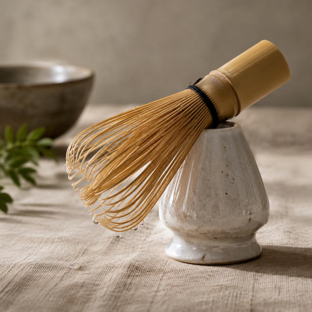 Fouet à matcha en bambou posé sur un repose-fouet en céramique blanche, gouttes d'eau sur les brins, nappe de lin