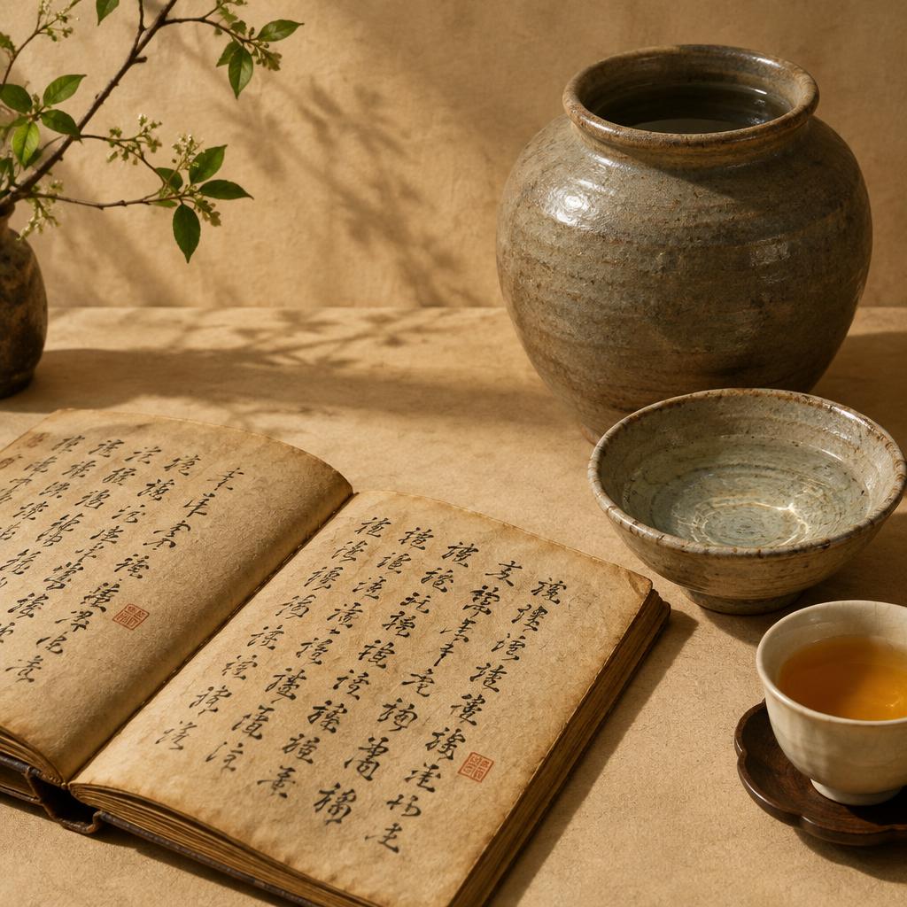 Livre ancien ouvert sur des pages de calligraphie chinoise, jarre de grès, bol d'eau claire et tasse de thé doré