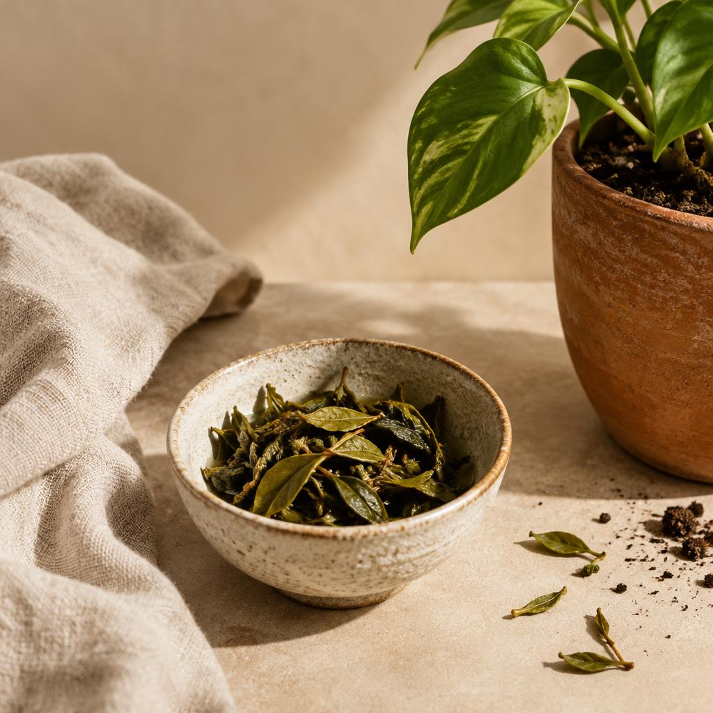 Feuilles de thé vert infusées dans un bol en grès, à côté d'une plante en pot en terre cuite et d'un torchon de lin