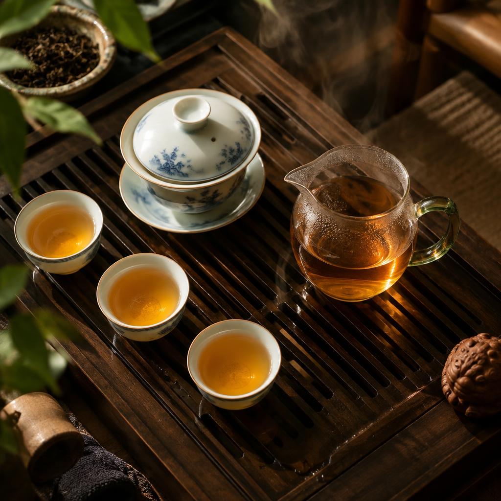 Service gong fu cha avec gaiwan bleu et blanc, pichet de verre rempli d'oolong ambré et trois coupelles sur un plateau en bois