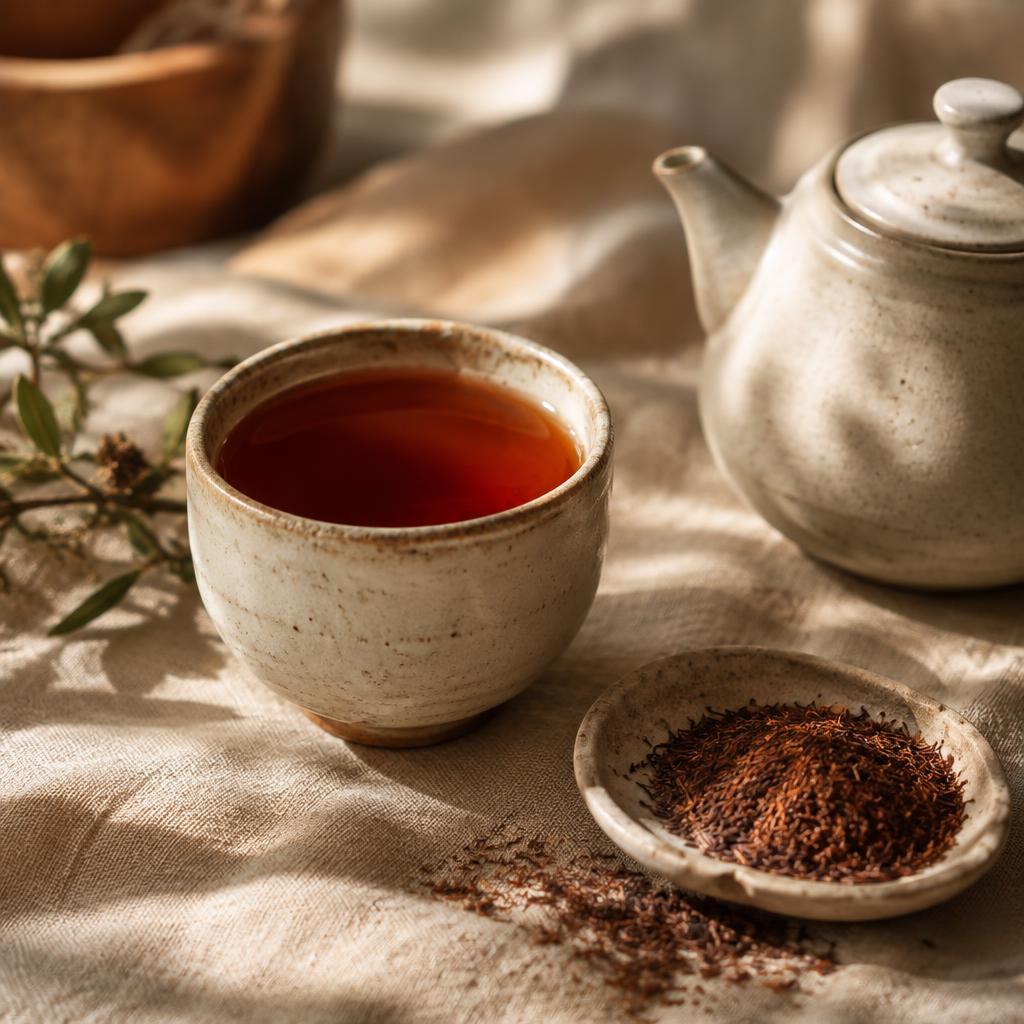 Tasse en grès remplie d'une infusion de rooibos rouge, aiguilles de rooibos séchées et théière claire sur du lin