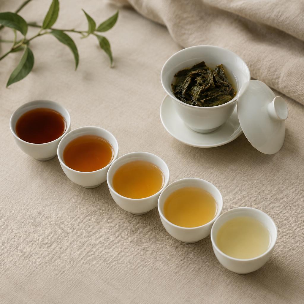 Cinq coupelles de porcelaine montrant les infusions successives d'un même thé, du ambré foncé au doré pâle, gaiwan ouvert