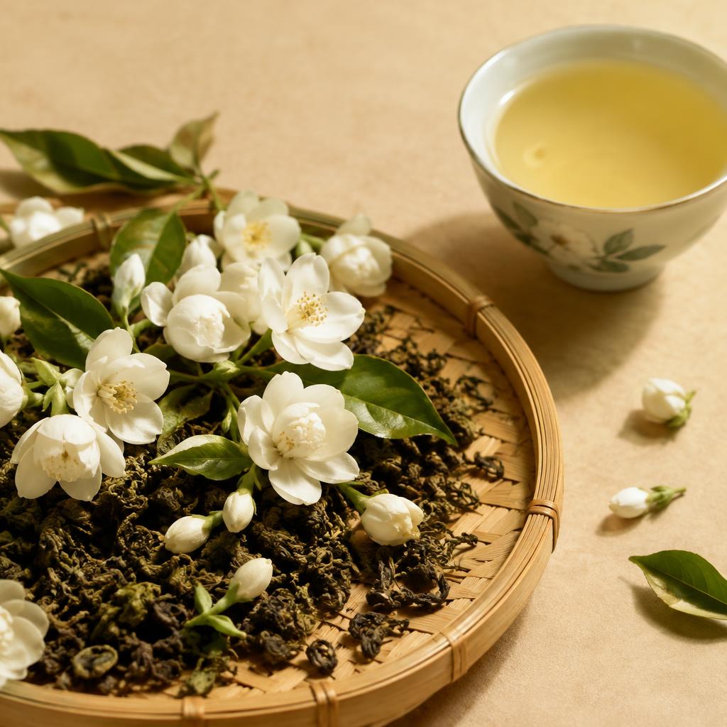 Fleurs de jasmin fraîches posées sur des feuilles de thé vert dans un panier en bambou, tasse de liqueur dorée