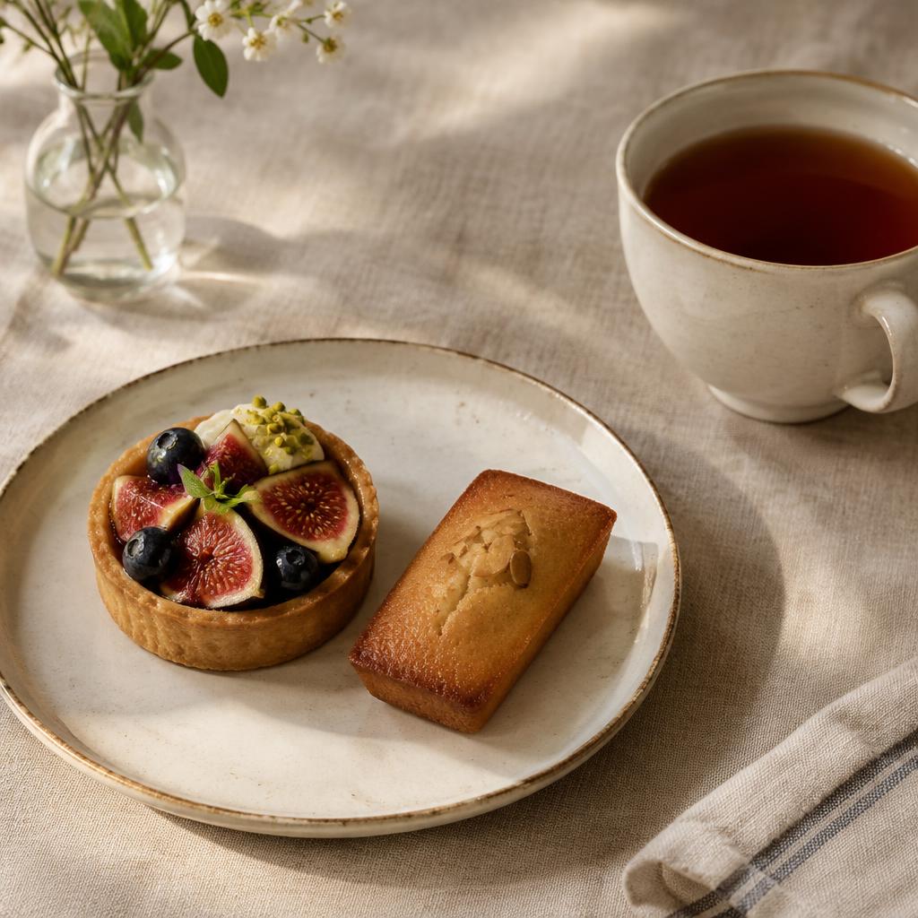 Tartelette aux figues et financier sur une assiette en céramique, tasse de thé noir ambré, nappe de lin à la lumière de l'après-midi