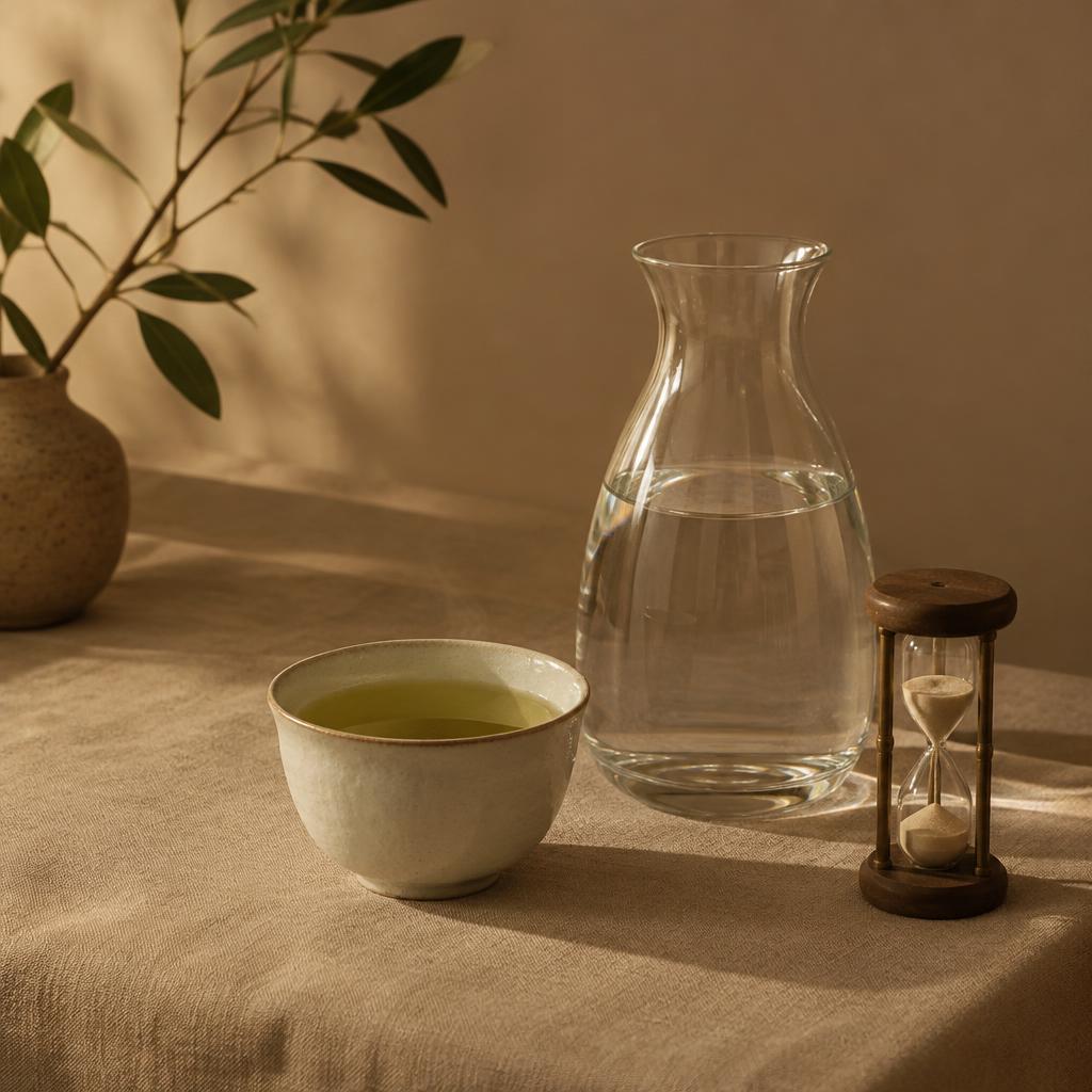 Bol de thé vert pâle à côté d'une carafe d'eau en verre et d'un petit sablier sur une nappe de lin, lumière du soir