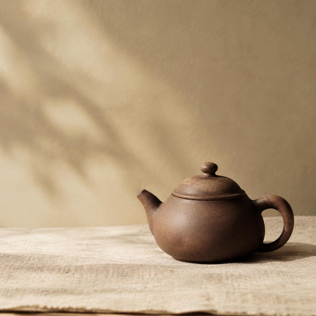Théière en argile zisha de Yixing non émaillée, posée sur une nappe de lin à la lumière naturelle