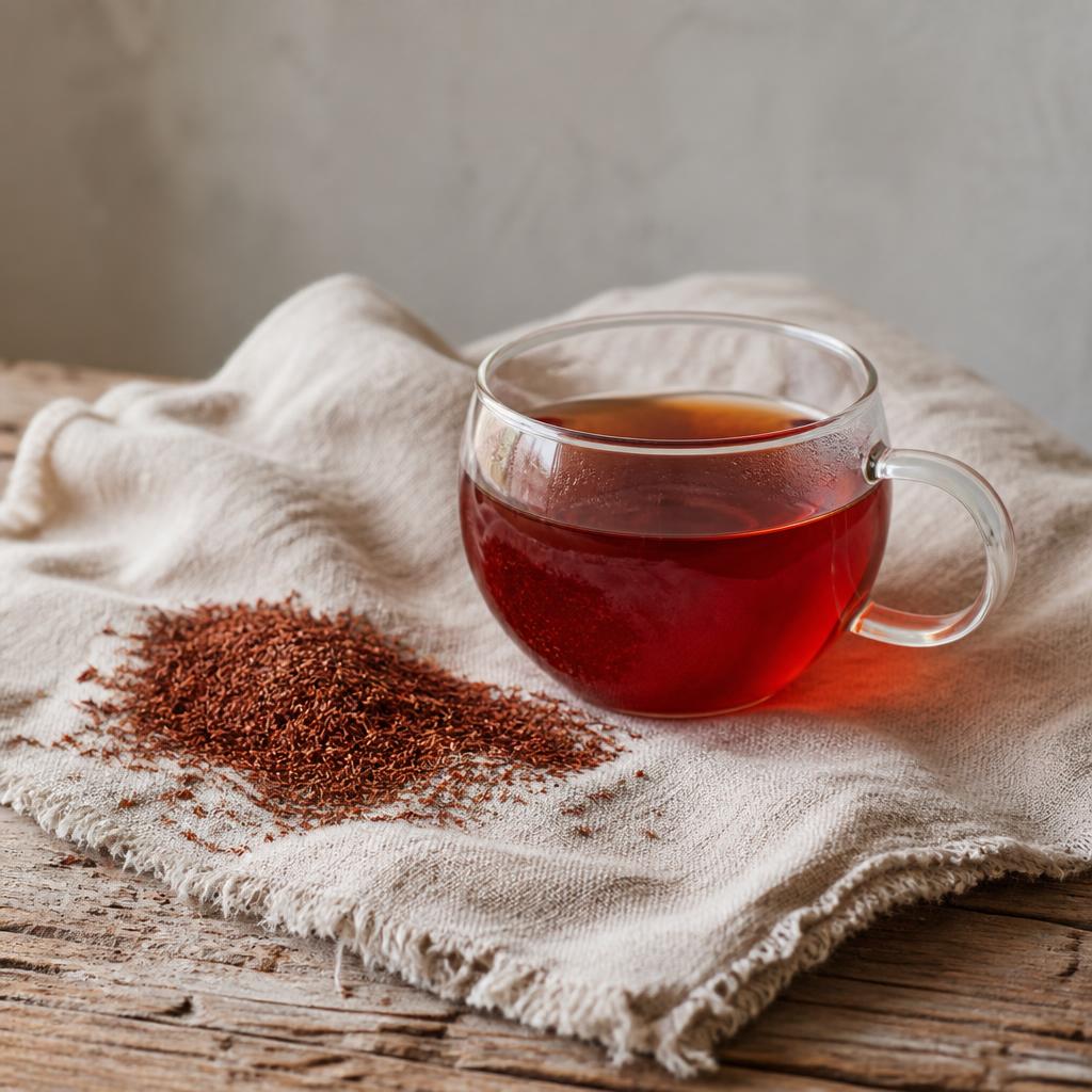 Rooibos-Aufguss in einer Tasse aus rohem Steinzeug, ausgewählt vom Haus HOLLIN in Sartrouville