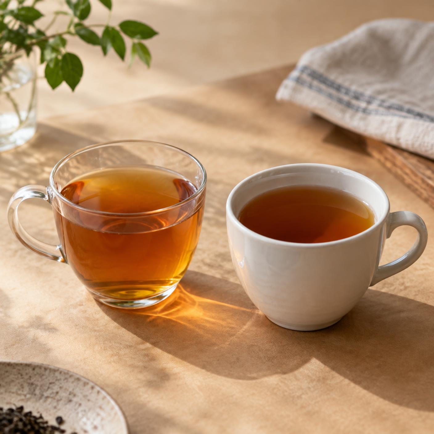 Tasse de verre et tasse de porcelaine remplies de thé ambré sélectionné par la maison HOLLIN à Sartrouville